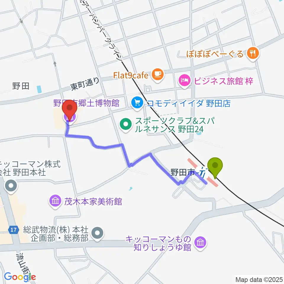 野田市郷土博物館の最寄駅野田市駅からの徒歩ルート（約9分）地図