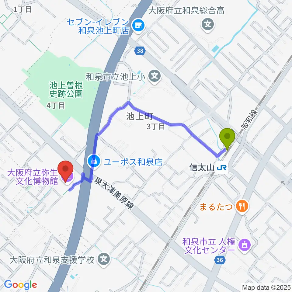 大阪府立弥生文化博物館の最寄駅信太山駅からの徒歩ルート（約9分）地図