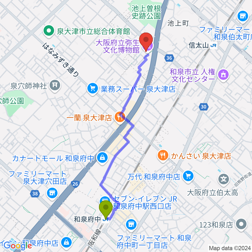 和泉府中駅から大阪府立弥生文化博物館へのルートマップ地図