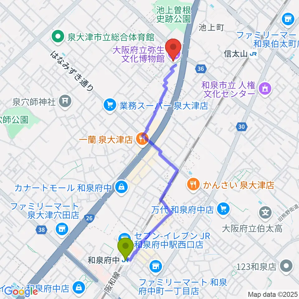 和泉府中駅から大阪府立弥生文化博物館へのルートマップ地図