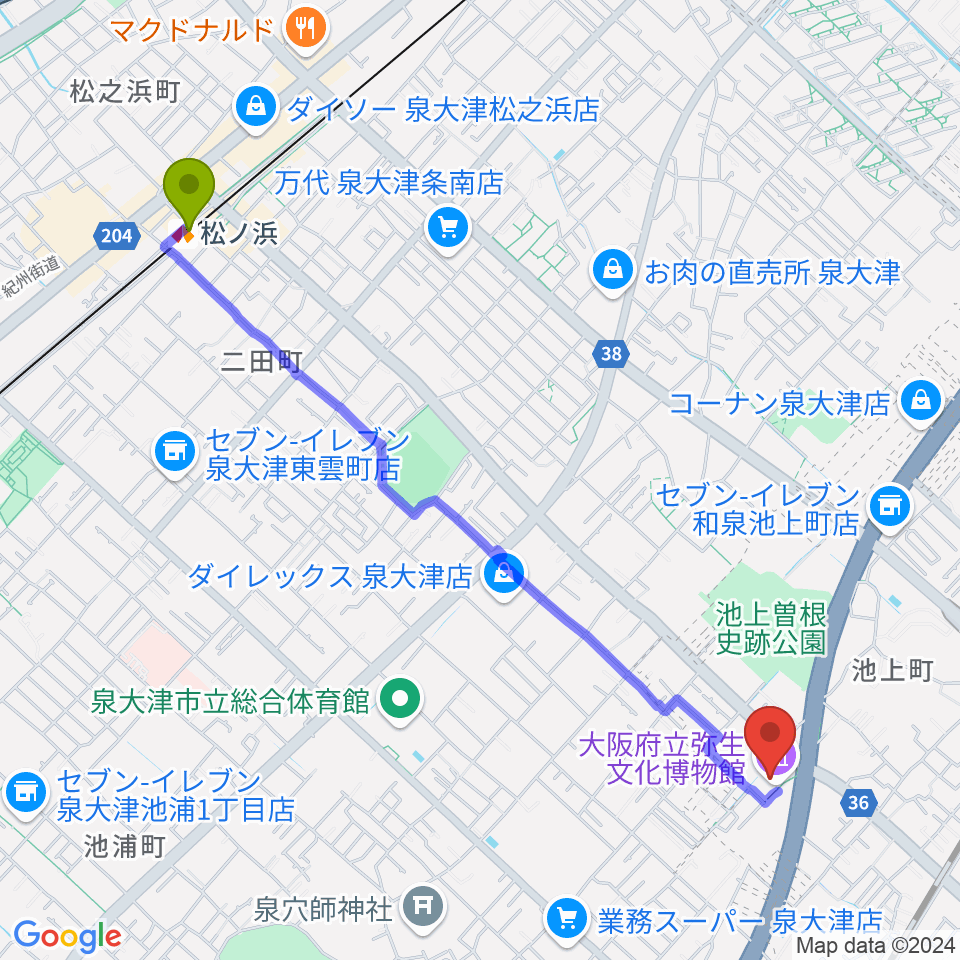 松ノ浜駅から大阪府立弥生文化博物館へのルートマップ地図