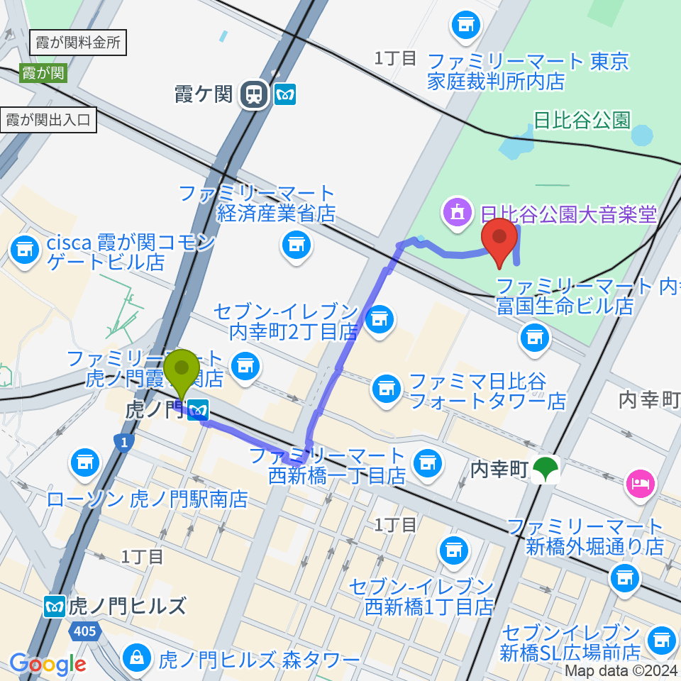 虎ノ門駅から千代田区立日比谷図書文化館へのルートマップ地図