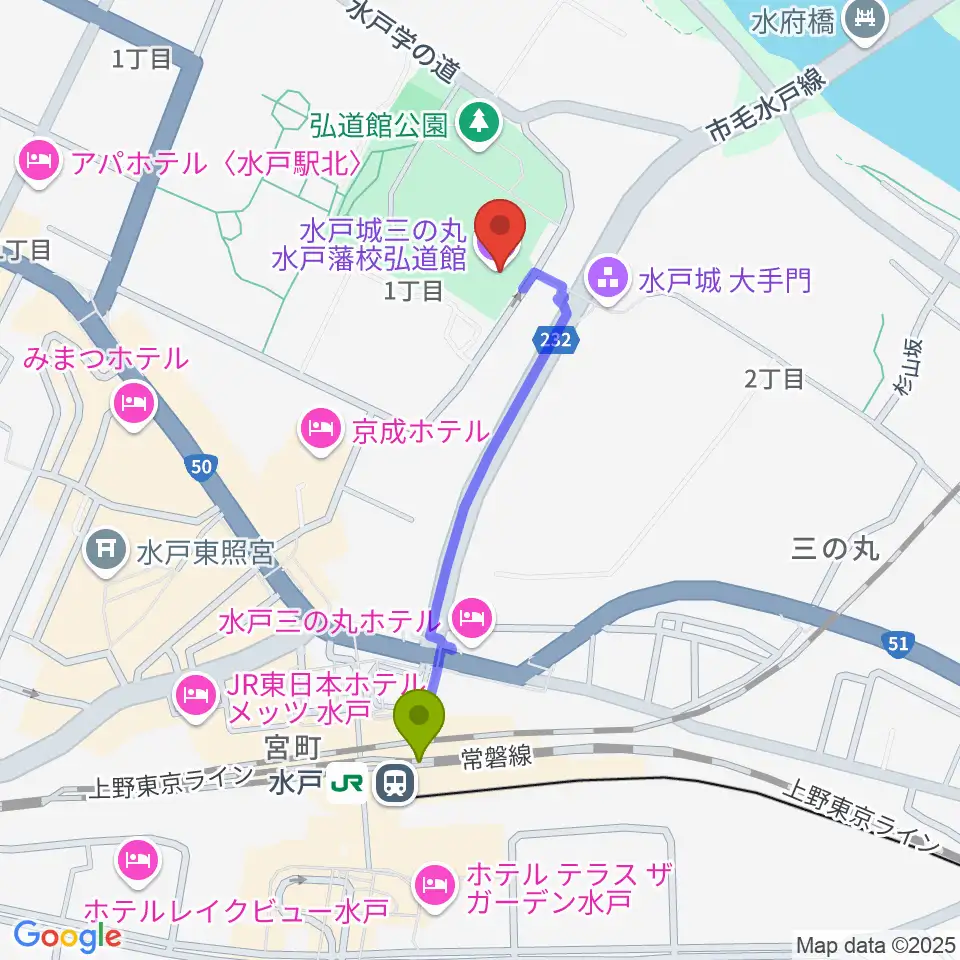 弘道館の最寄駅水戸駅からの徒歩ルート（約8分）地図