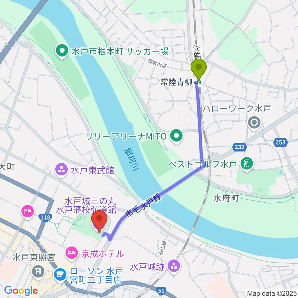 常陸青柳駅から弘道館へのルートマップ地図