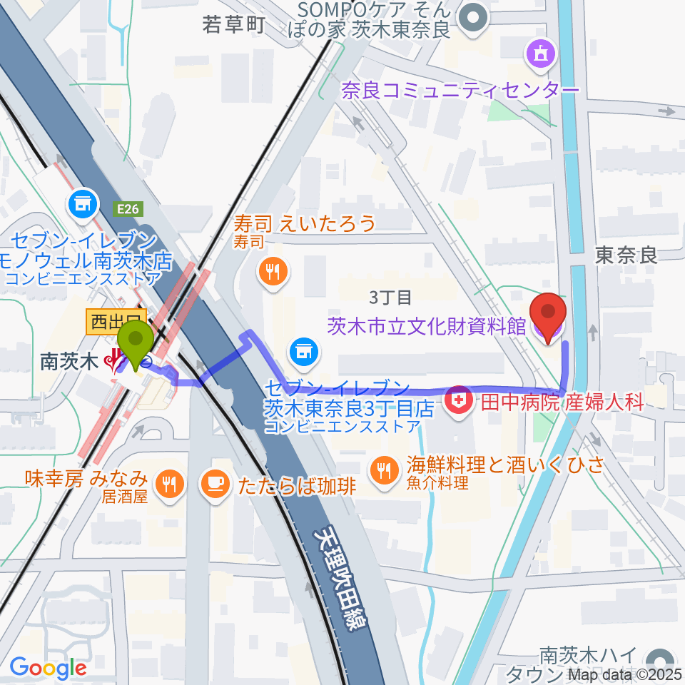 茨木市立文化財資料館の最寄駅南茨木駅からの徒歩ルート（約5分）地図