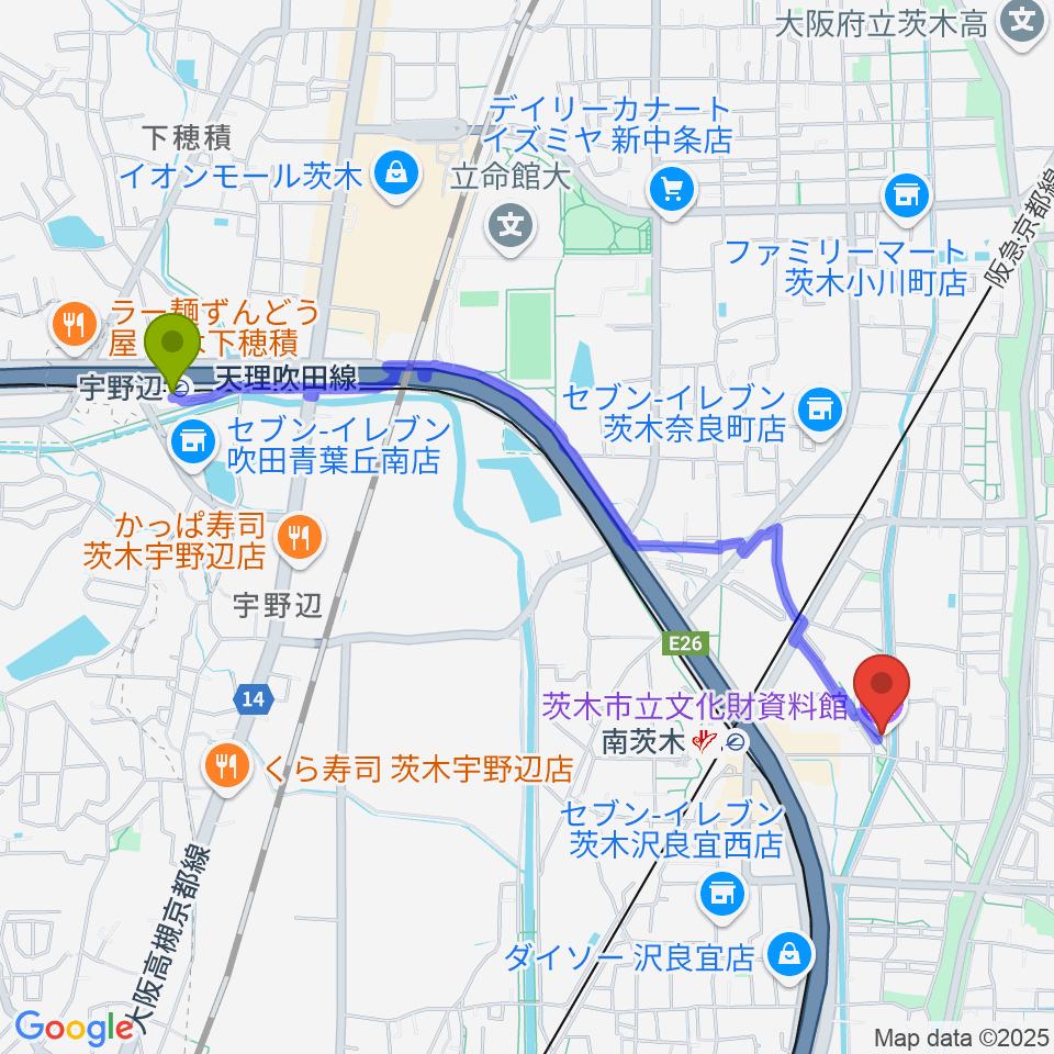 宇野辺駅から茨木市立文化財資料館へのルートマップ地図