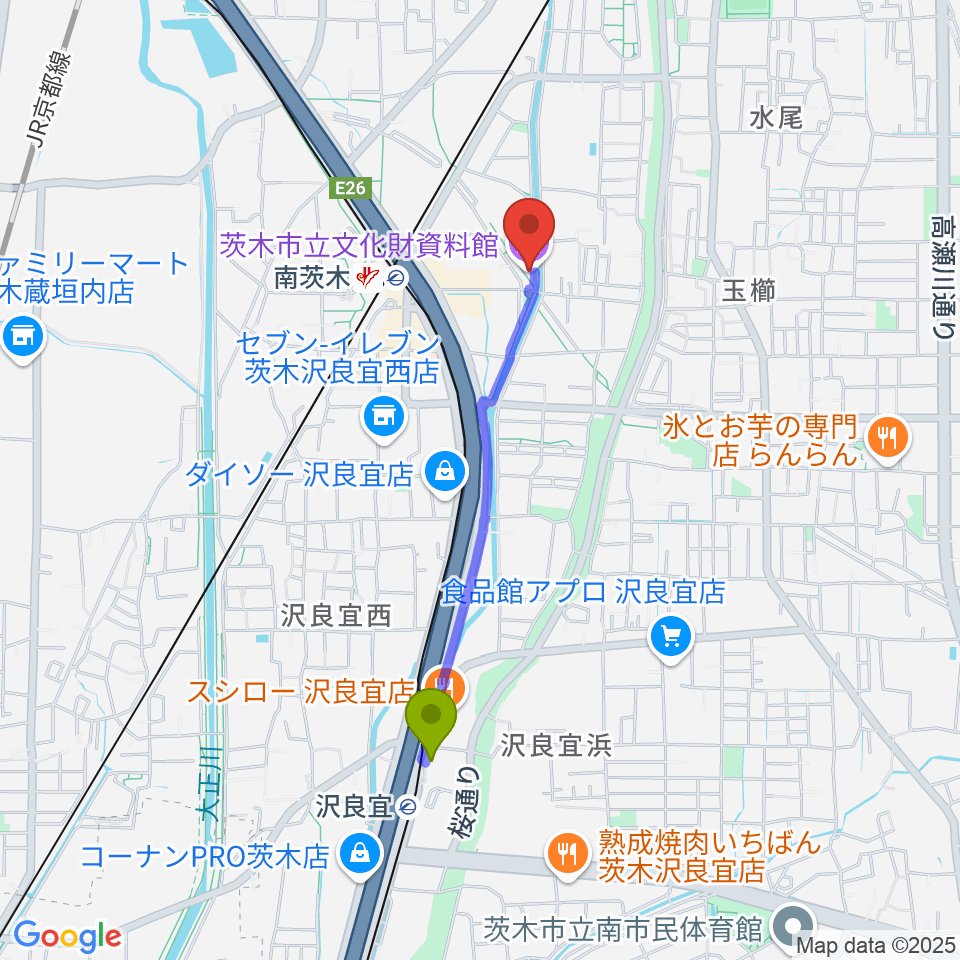 沢良宜駅から茨木市立文化財資料館へのルートマップ地図