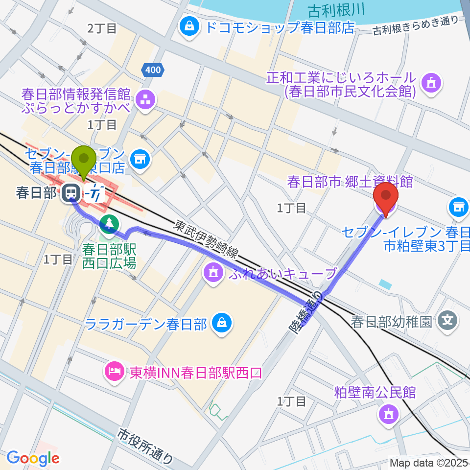 春日部市郷土資料館の最寄駅春日部駅からの徒歩ルート（約10分）地図