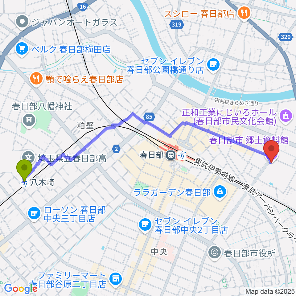 八木崎駅から春日部市郷土資料館へのルートマップ地図