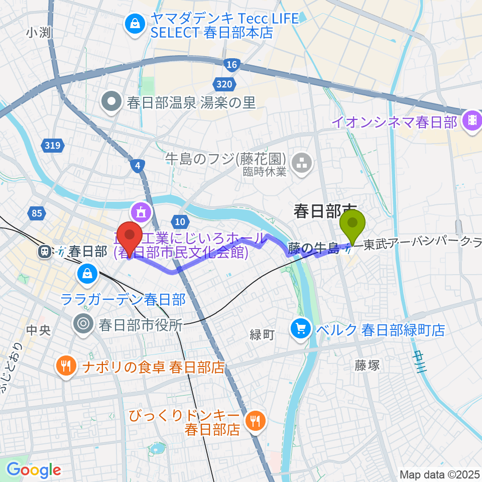 藤の牛島駅から春日部市郷土資料館へのルートマップ地図