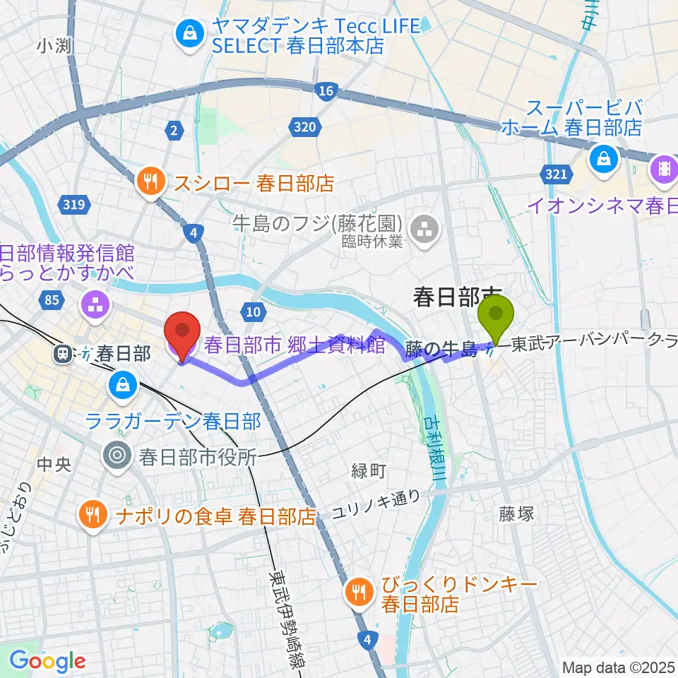 藤の牛島駅から春日部市郷土資料館へのルートマップ地図