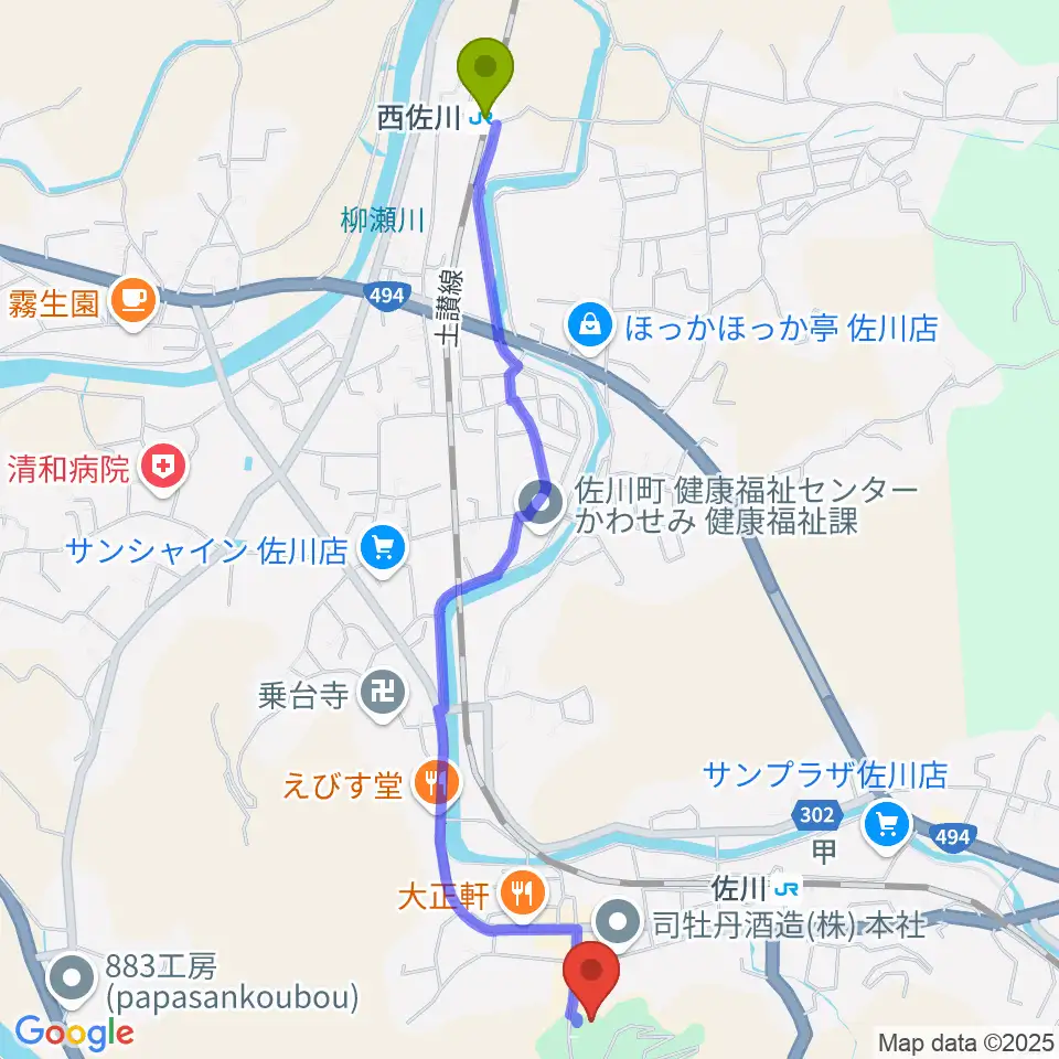 西佐川駅から佐川町立青山文庫へのルートマップ地図