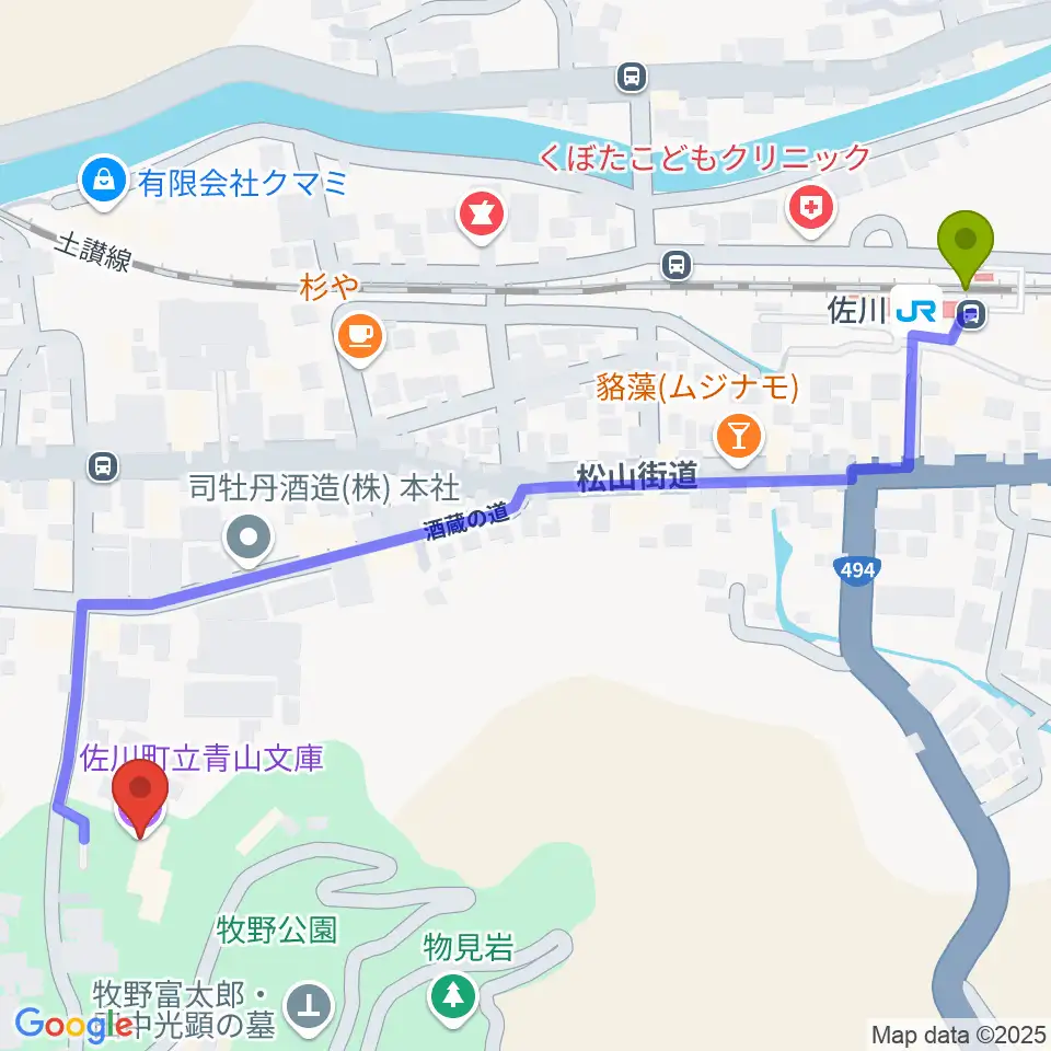 佐川町立青山文庫の最寄駅佐川駅からの徒歩ルート（約8分）地図