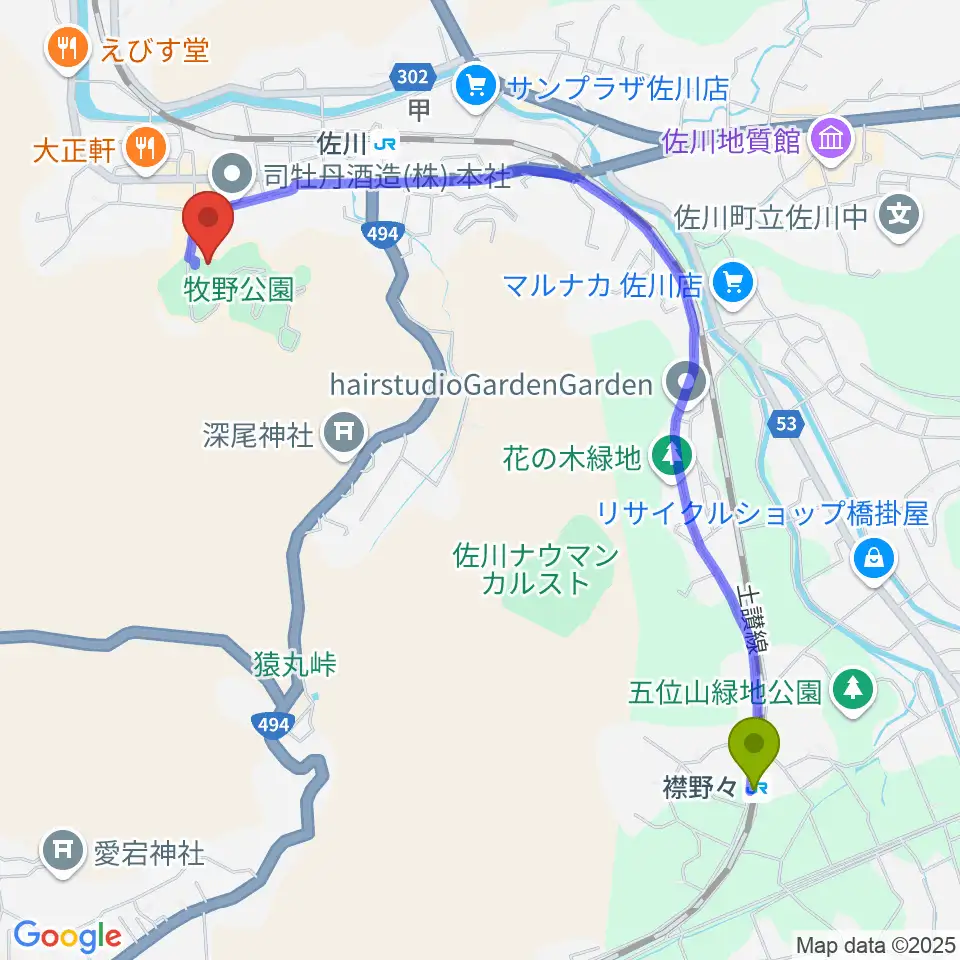 襟野々駅から佐川町立青山文庫へのルートマップ地図