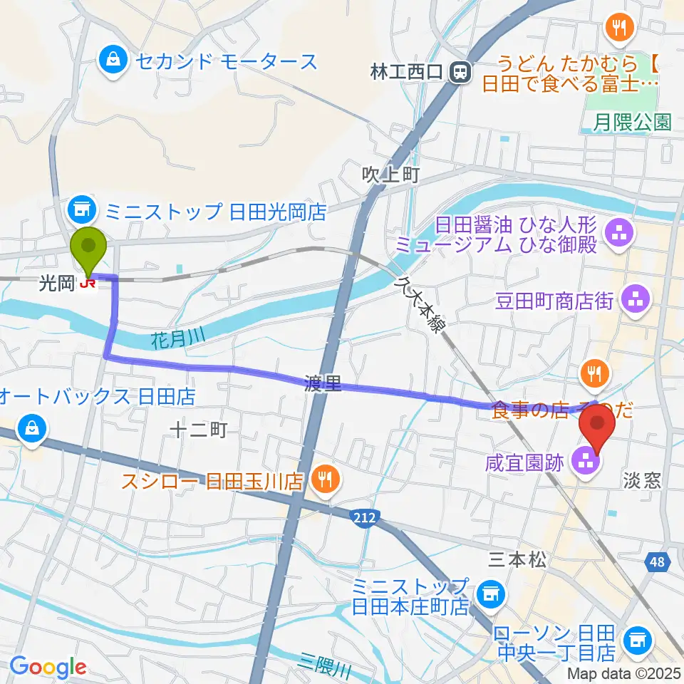 光岡駅から咸宜園教育研究センターへのルートマップ地図