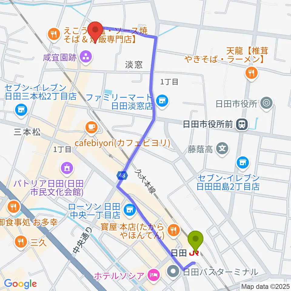 咸宜園教育研究センターの最寄駅日田駅からの徒歩ルート（約13分）地図