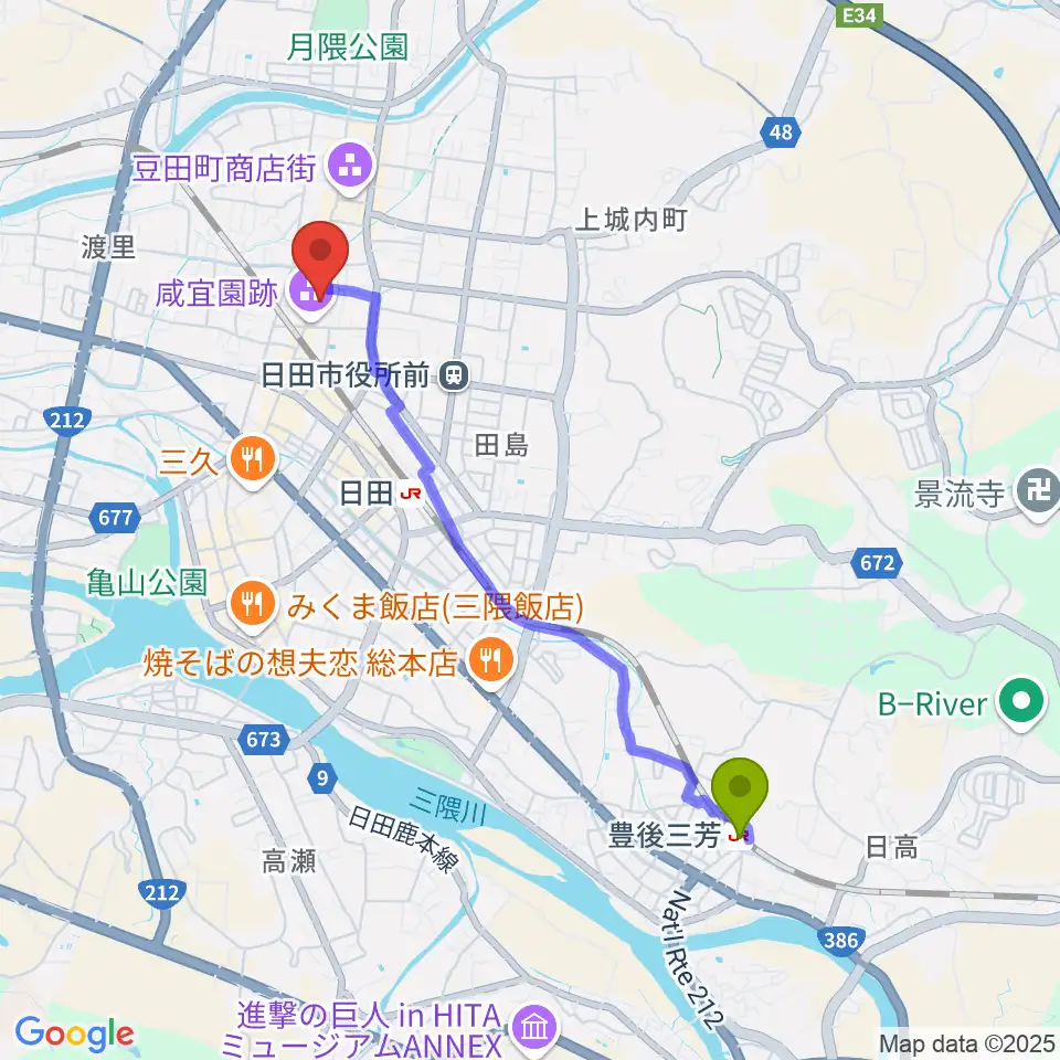 豊後三芳駅から咸宜園教育研究センターへのルートマップ地図