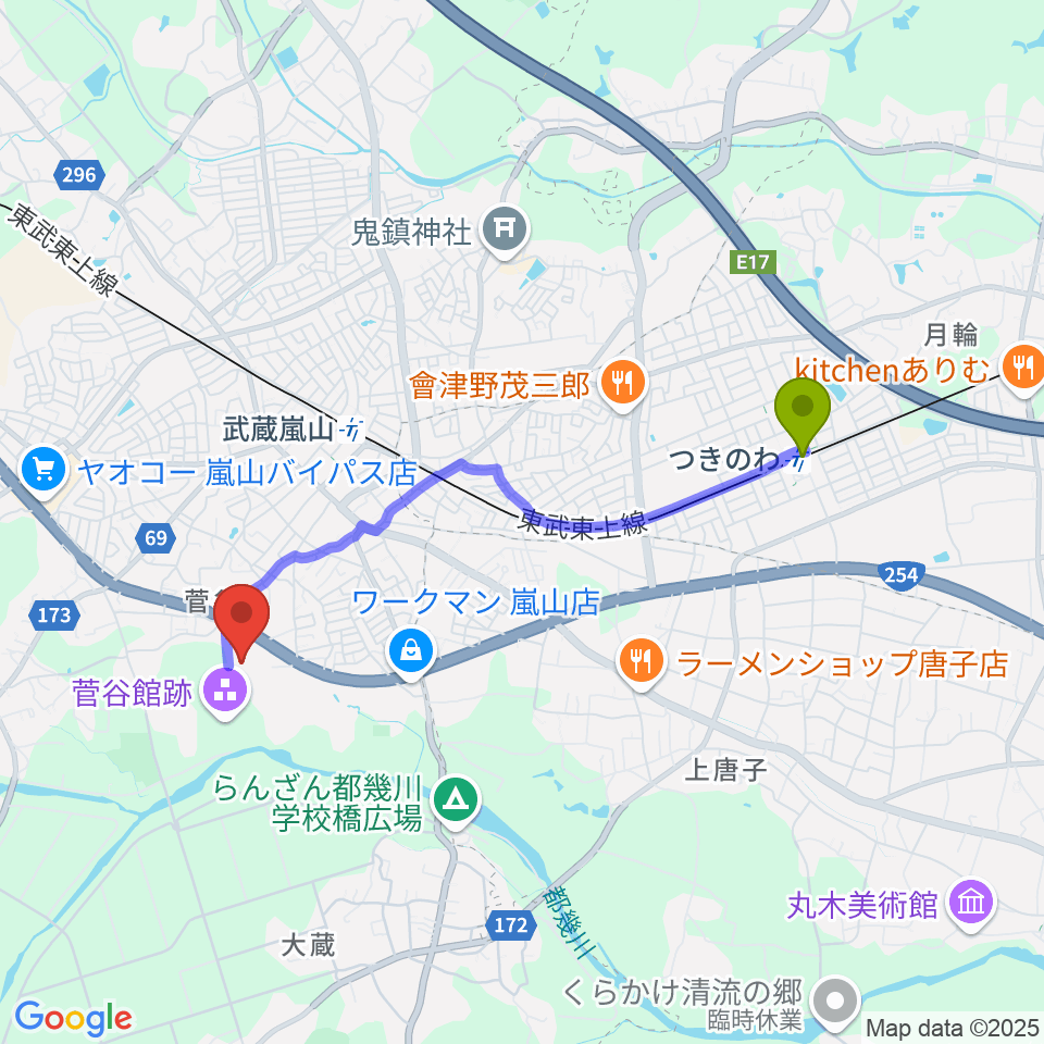 つきのわ駅から埼玉県立嵐山史跡の博物館へのルートマップ地図