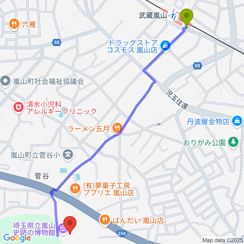 埼玉県立嵐山史跡の博物館の最寄駅武蔵嵐山駅からの徒歩ルート（約15分）地図