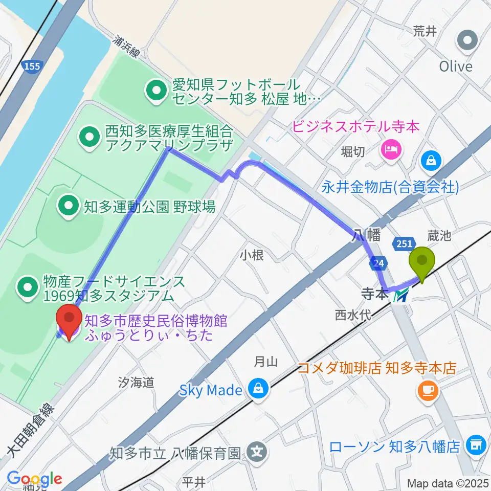 知多市歴史民俗博物館の最寄駅寺本駅からの徒歩ルート（約11分）地図