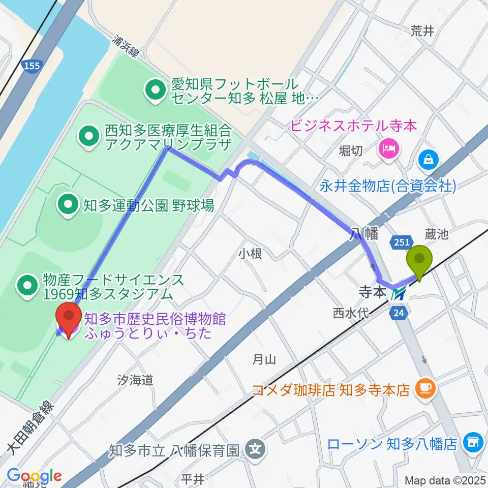 知多市歴史民俗博物館の最寄駅寺本駅からの徒歩ルート（約11分）地図