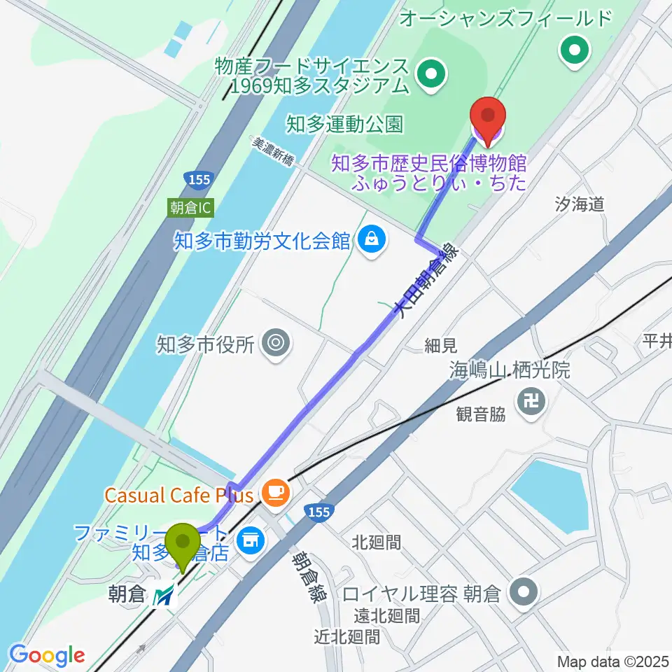 朝倉駅から知多市歴史民俗博物館へのルートマップ地図