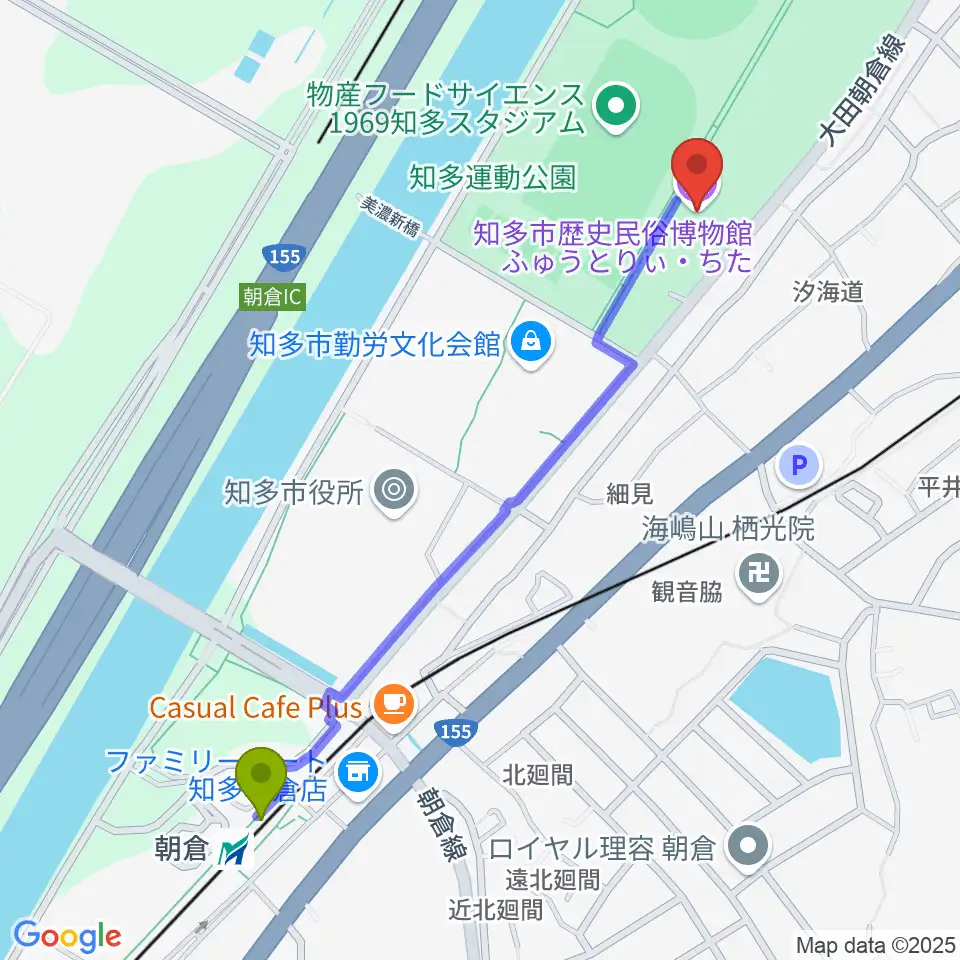 朝倉駅から知多市歴史民俗博物館へのルートマップ地図