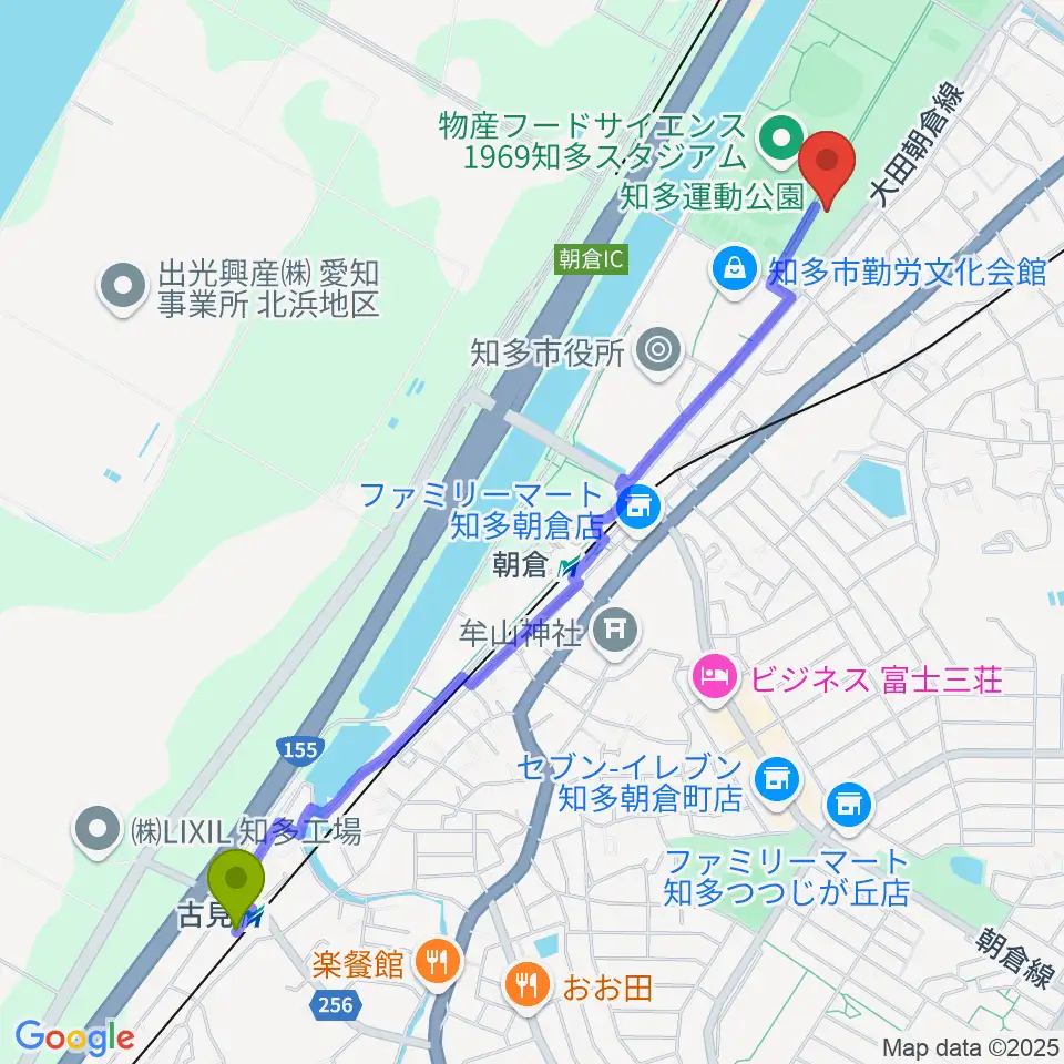 古見駅から知多市歴史民俗博物館へのルートマップ地図