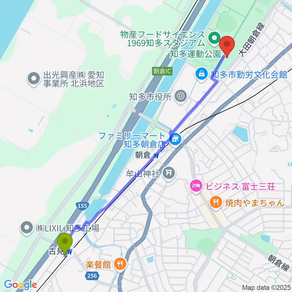 古見駅から知多市歴史民俗博物館へのルートマップ地図