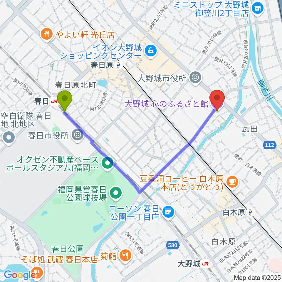 春日駅から大野城心のふるさと館へのルートマップ地図