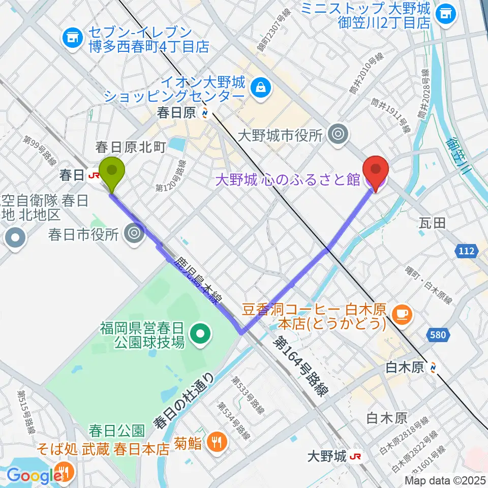 春日駅から大野城心のふるさと館へのルートマップ地図