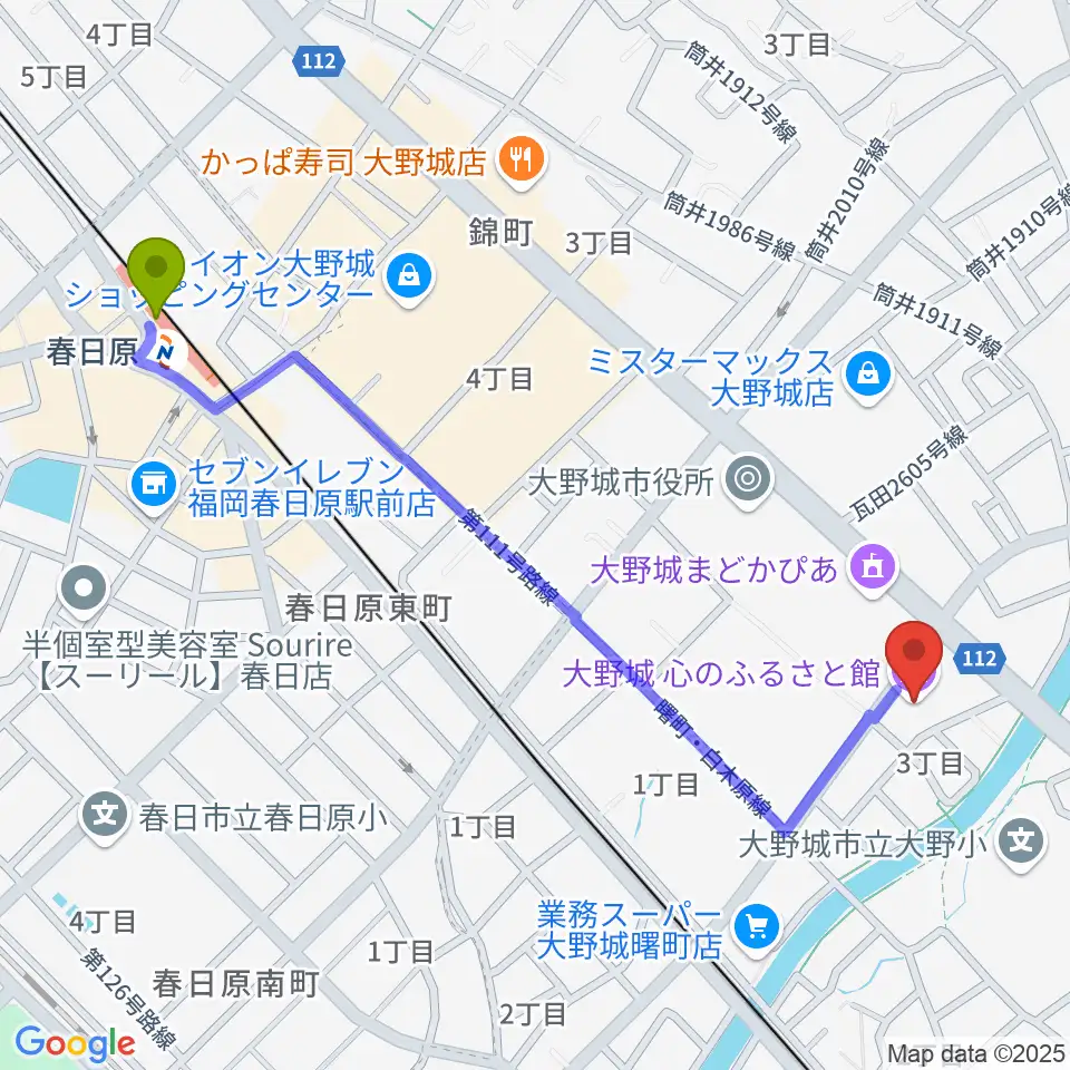 春日原駅から大野城心のふるさと館へのルートマップ地図