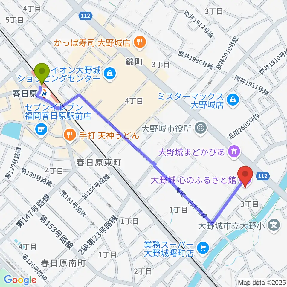 春日原駅から大野城心のふるさと館へのルートマップ地図