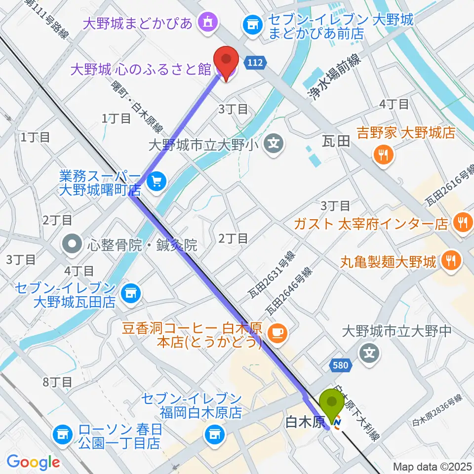 大野城心のふるさと館の最寄駅白木原駅からの徒歩ルート（約12分）地図