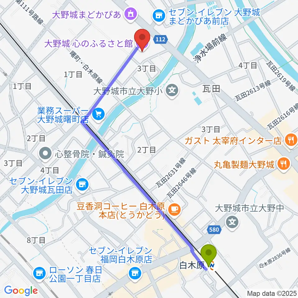 大野城心のふるさと館の最寄駅白木原駅からの徒歩ルート（約12分）地図