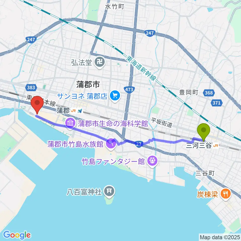 三河三谷駅から蒲郡市博物館へのルートマップ地図