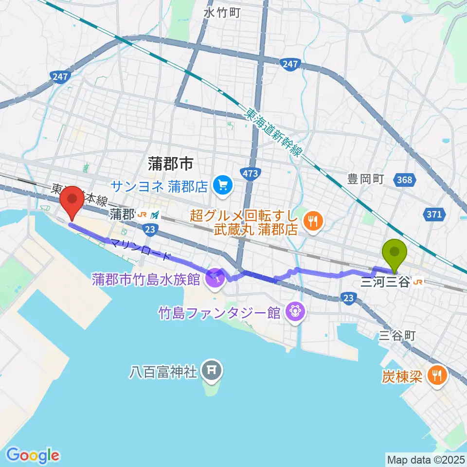 三河三谷駅から蒲郡市博物館へのルートマップ地図