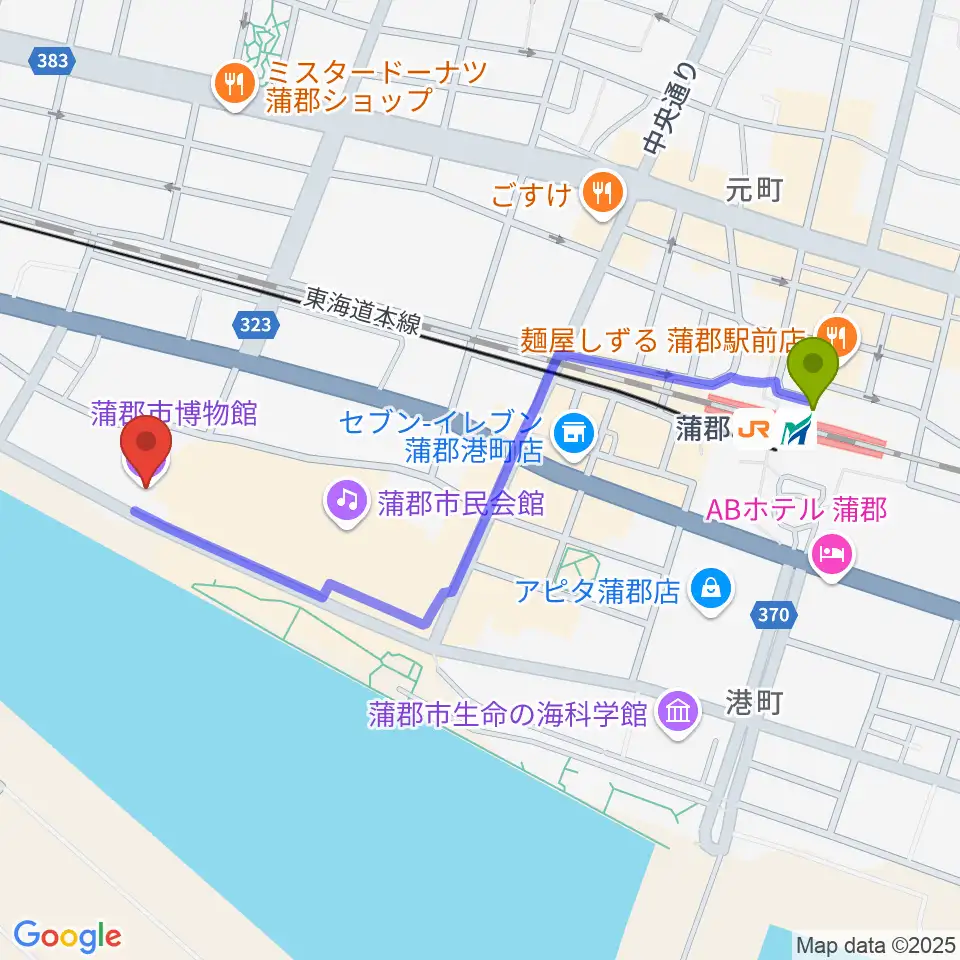 蒲郡市博物館の最寄駅蒲郡駅からの徒歩ルート（約11分）地図