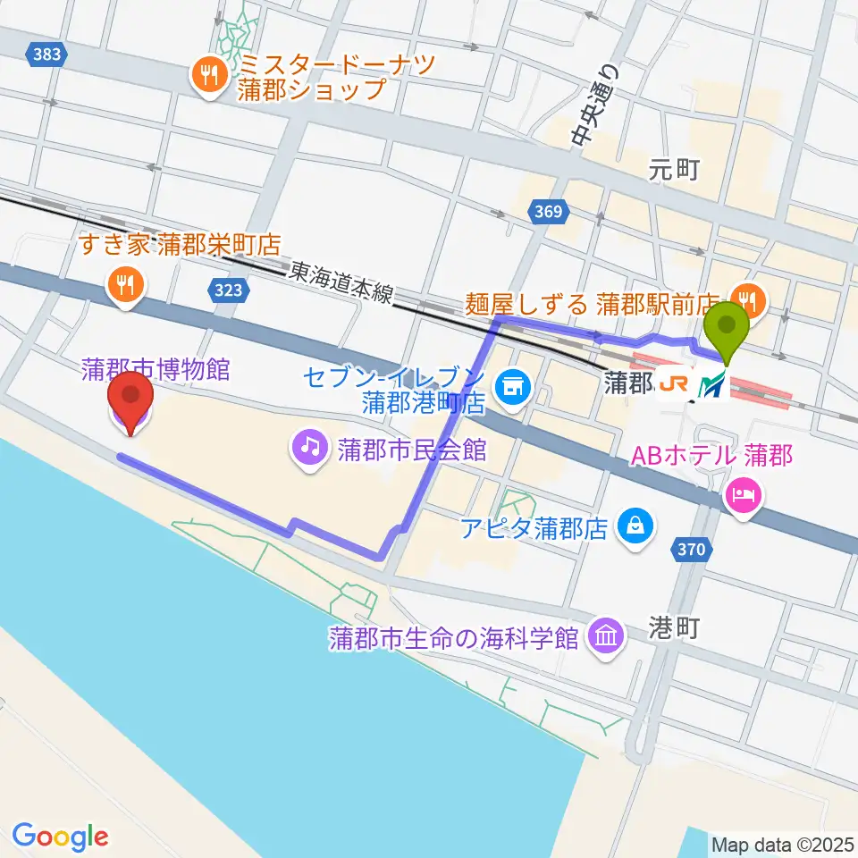 蒲郡市博物館の最寄駅蒲郡駅からの徒歩ルート（約11分）地図