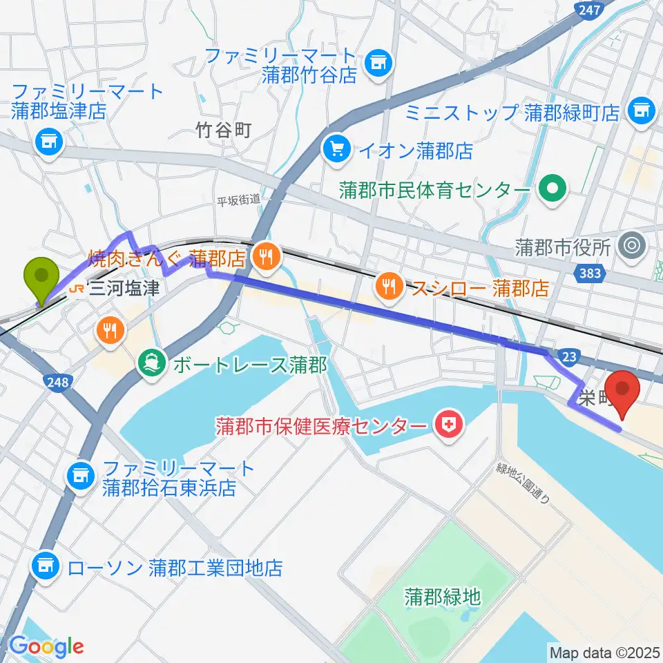 三河塩津駅から蒲郡市博物館へのルートマップ地図