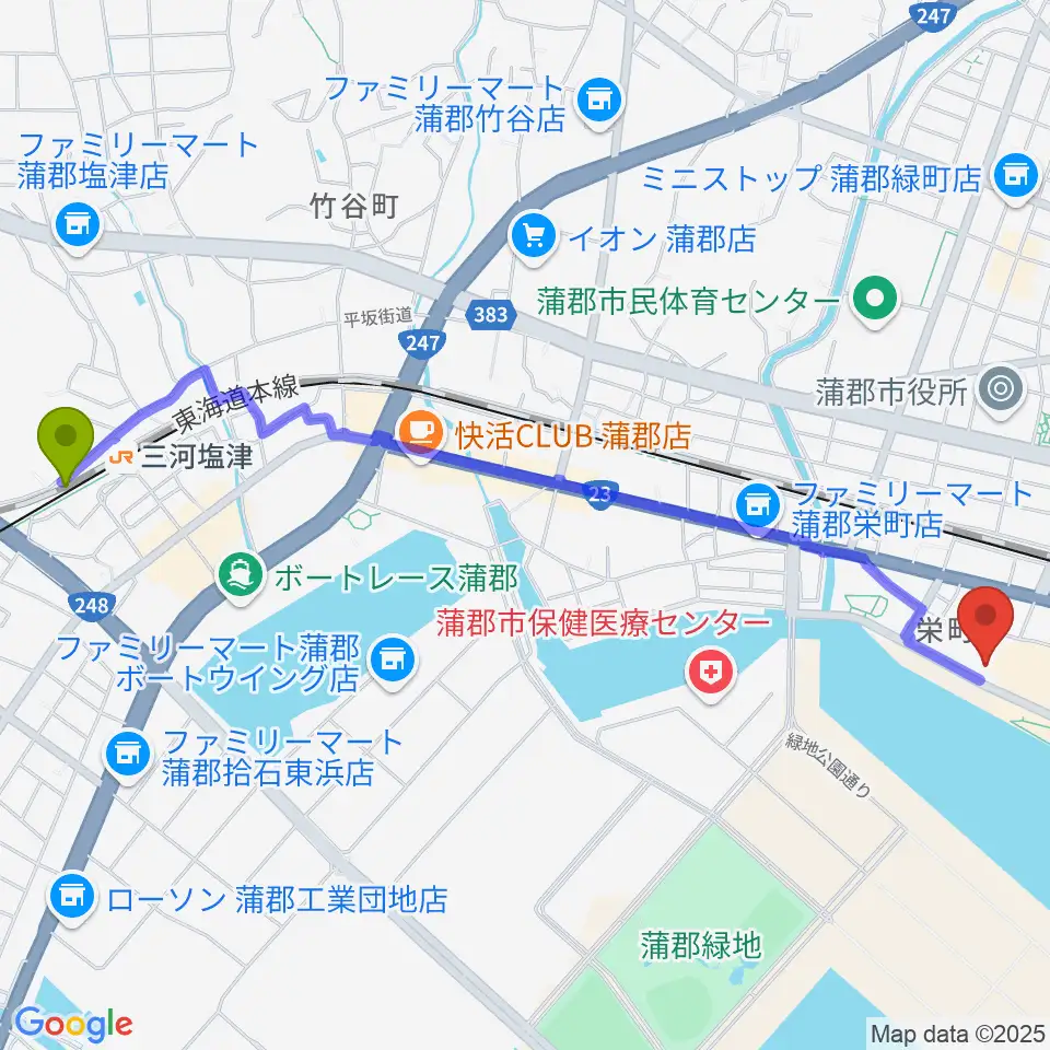 三河塩津駅から蒲郡市博物館へのルートマップ地図