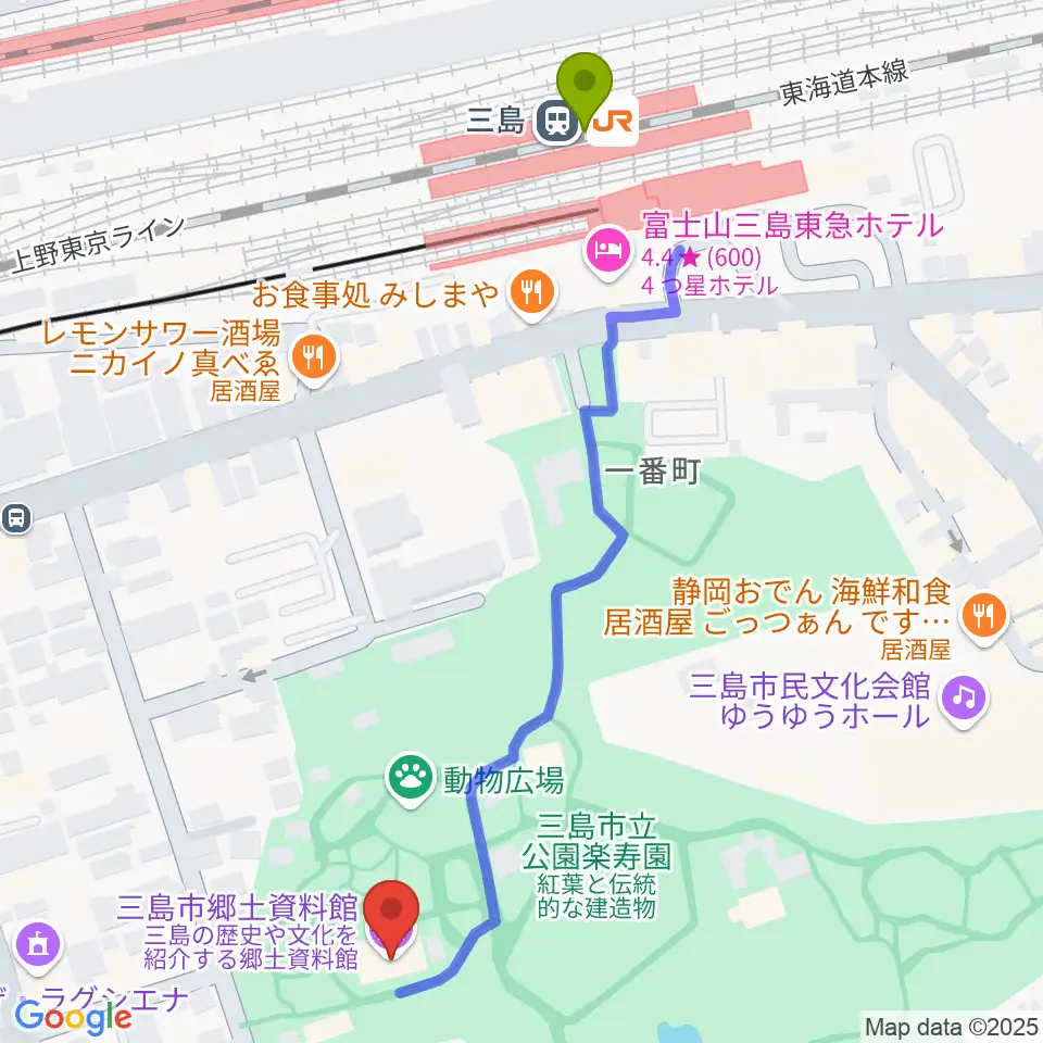 三島市郷土資料館の最寄駅三島駅からの徒歩ルート（約6分）地図