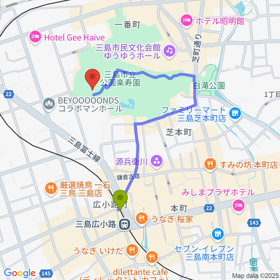 三島広小路駅から三島市郷土資料館へのルートマップ地図