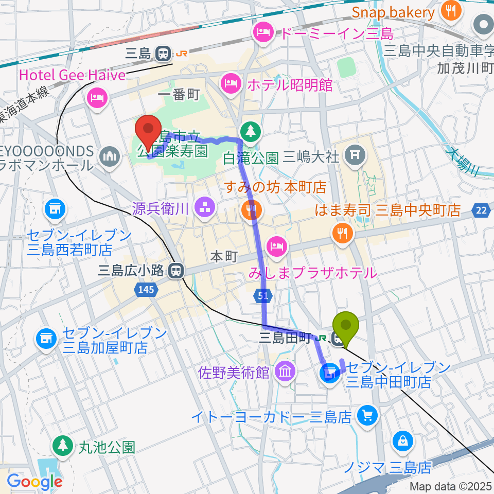 三島田町駅から三島市郷土資料館へのルートマップ地図