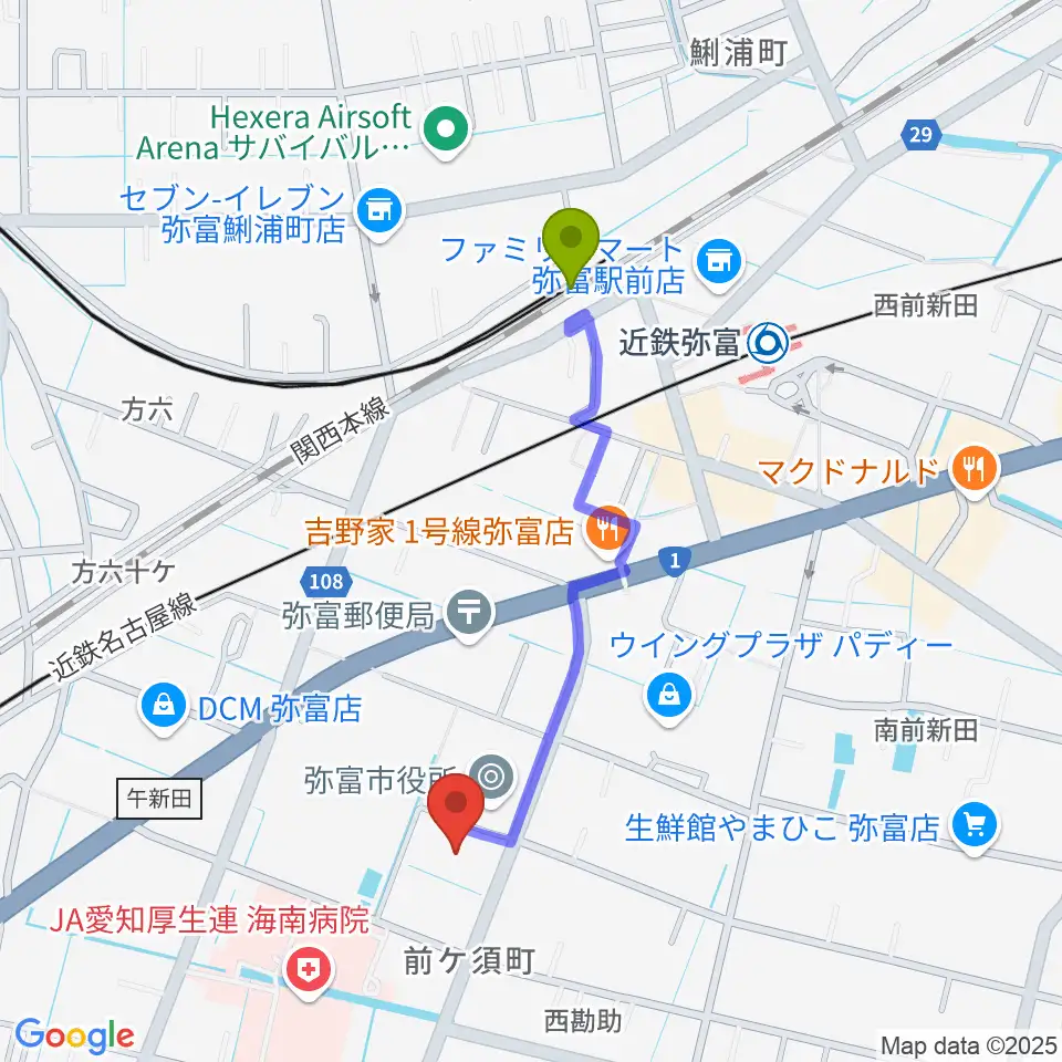 弥富市歴史民俗資料館の最寄駅弥富駅からの徒歩ルート（約8分）地図