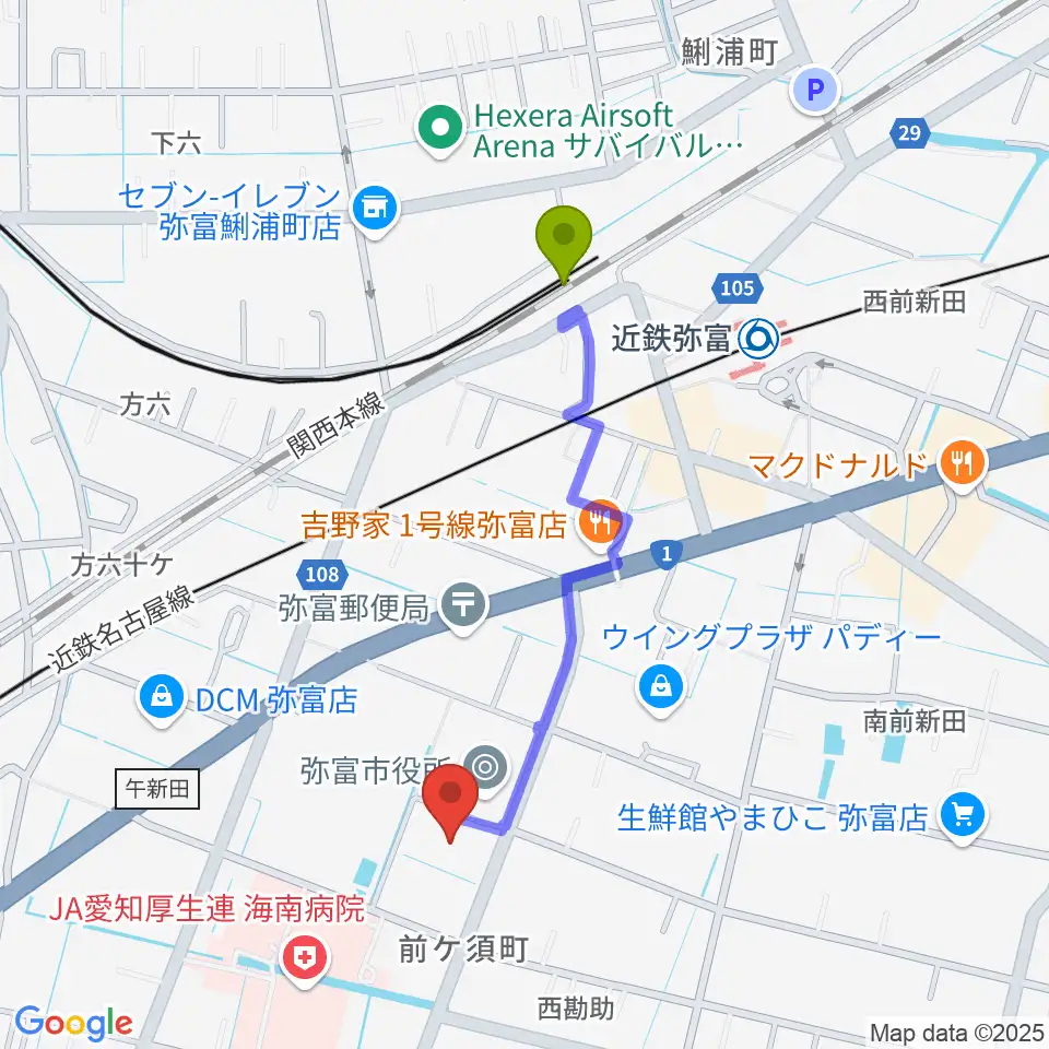 弥富市歴史民俗資料館の最寄駅弥富駅からの徒歩ルート（約8分）地図