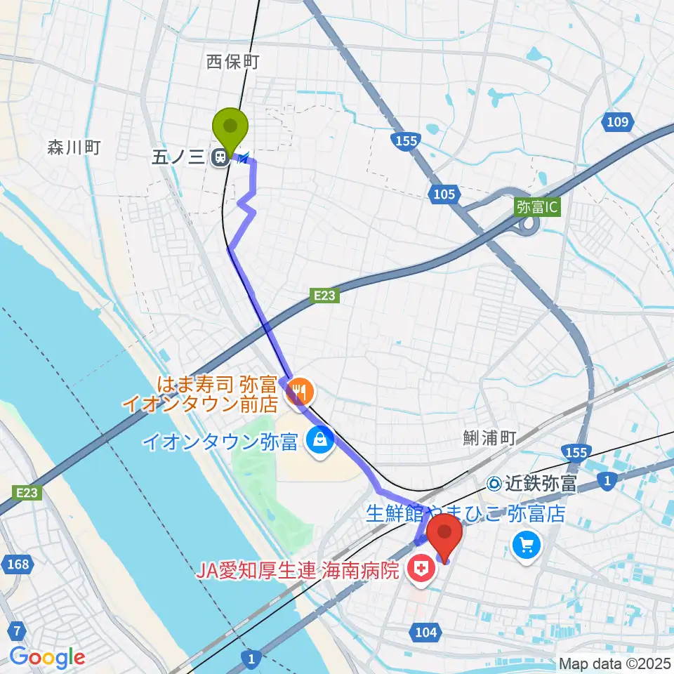 五ノ三駅から弥富市歴史民俗資料館へのルートマップ地図