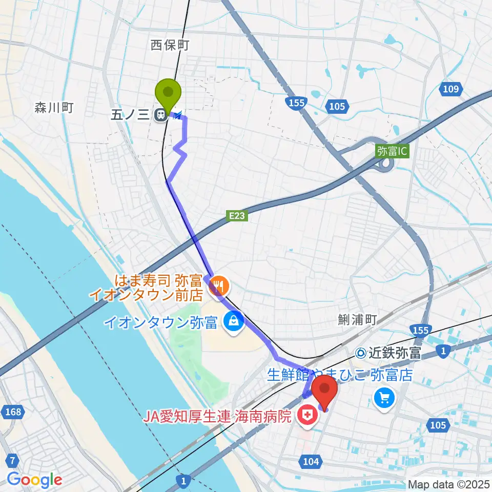 五ノ三駅から弥富市歴史民俗資料館へのルートマップ地図