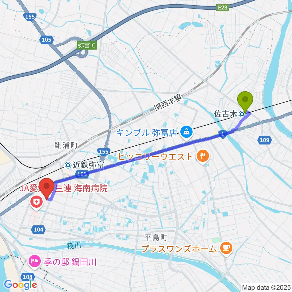 佐古木駅から弥富市歴史民俗資料館へのルートマップ地図