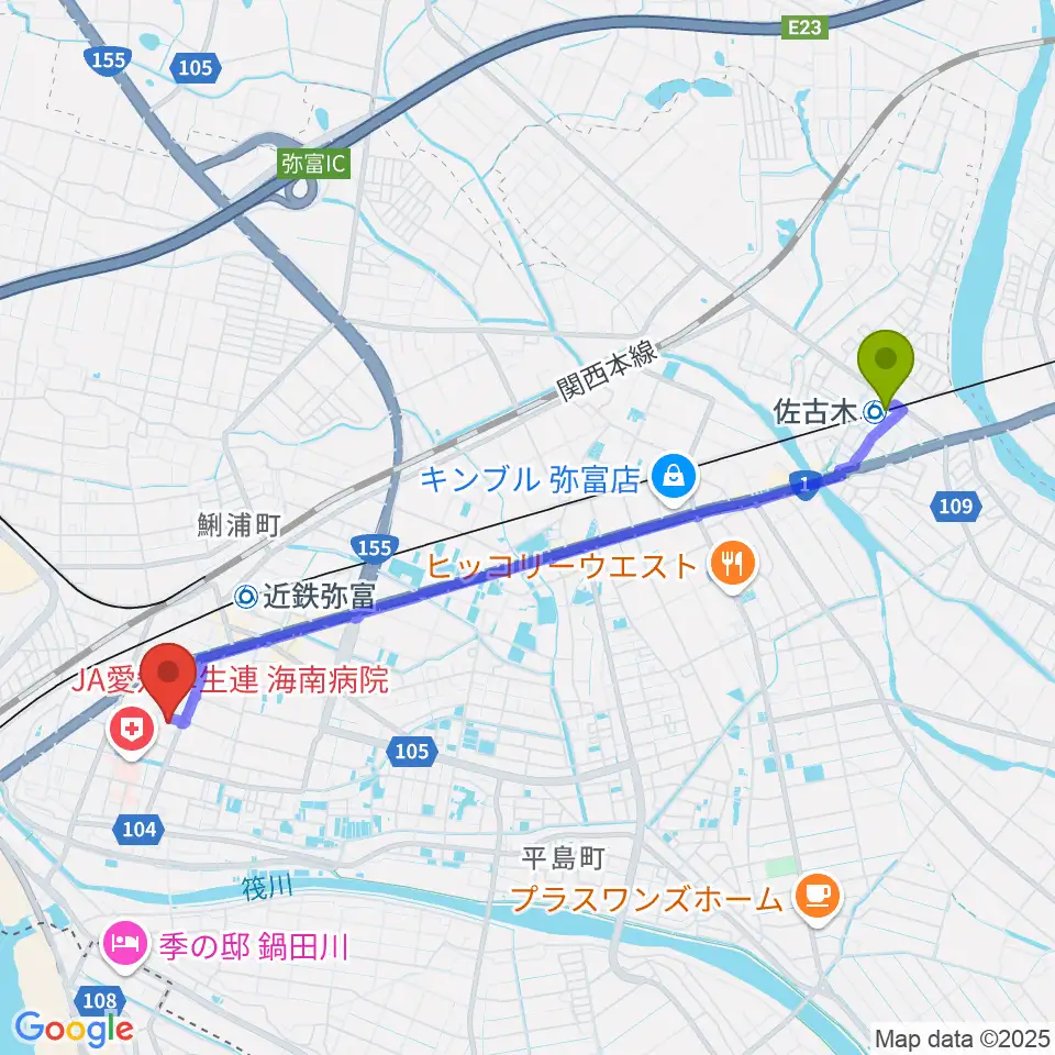 佐古木駅から弥富市歴史民俗資料館へのルートマップ地図